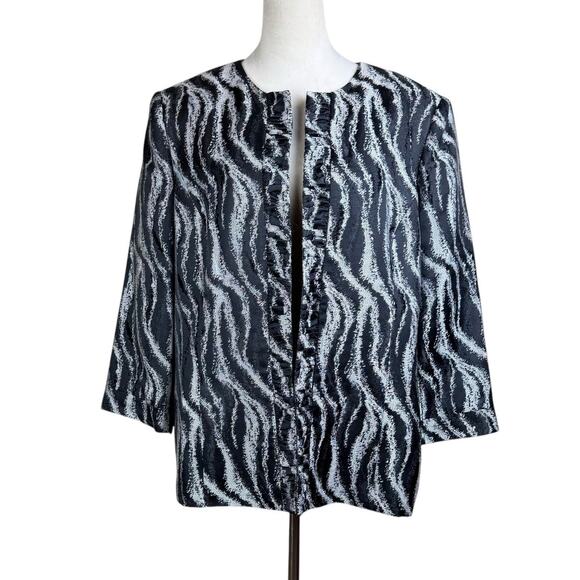 Preston & York Black & Gray Print Brocade Open Front Collarless Blazer Jacket - Picture 1 of 11